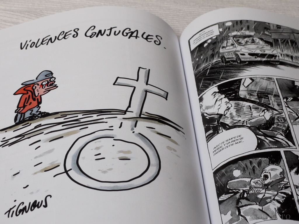 Illustration de Tignous à gauche - Panique par Olivier Le Bellec et Damien May à droite
